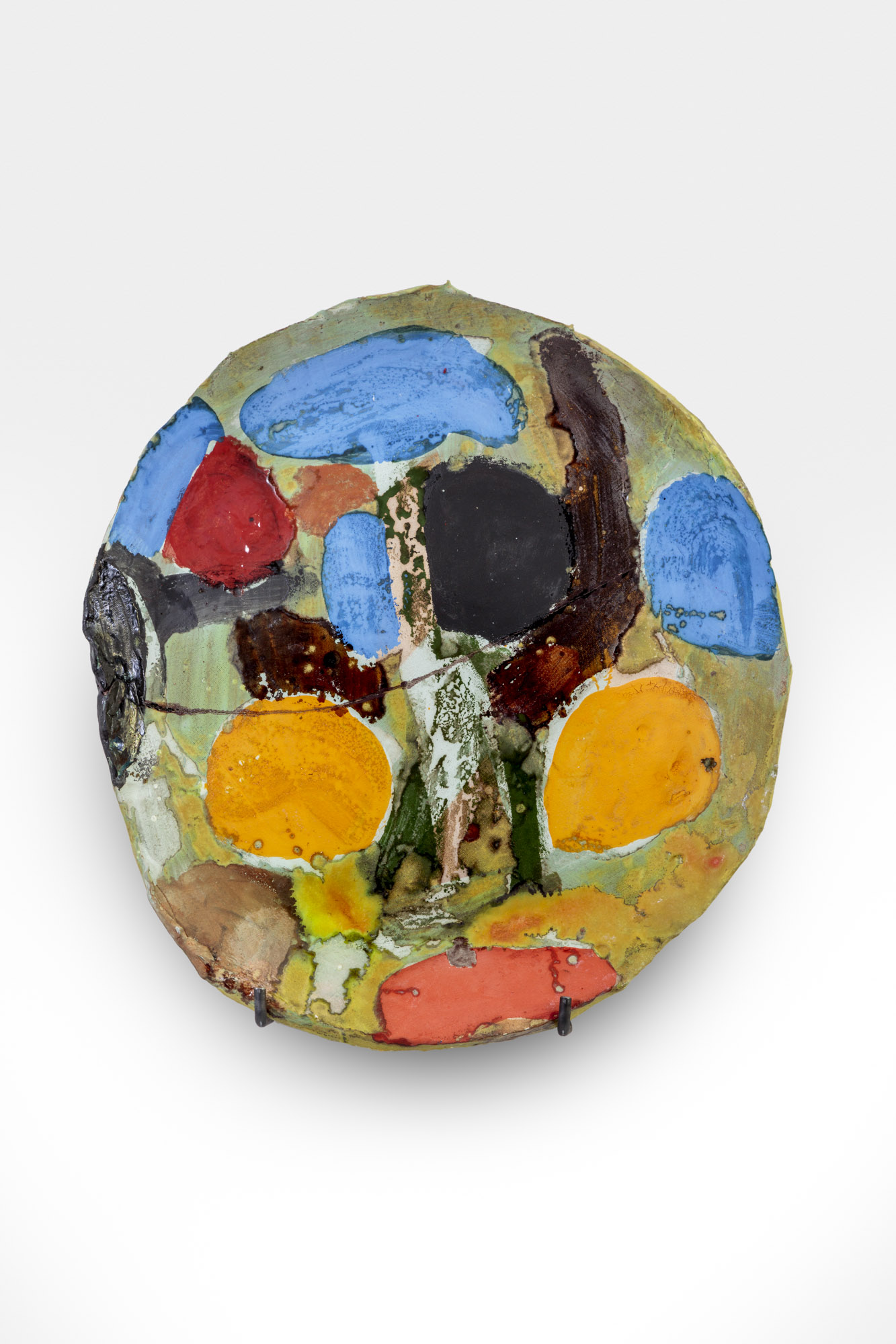 Roger Herman, large plate, horizontal crack, 2 orange balls, 2025
